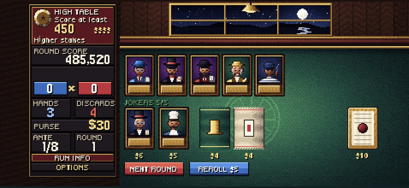 The shop between tables, with Jokers and card packs for sale