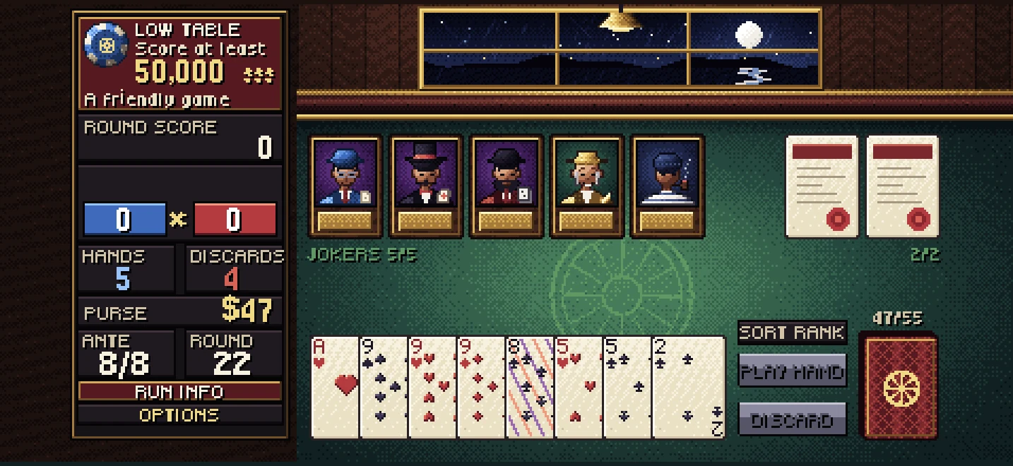 A round in progress: five Jokers, a hand of eight cards and the score panel