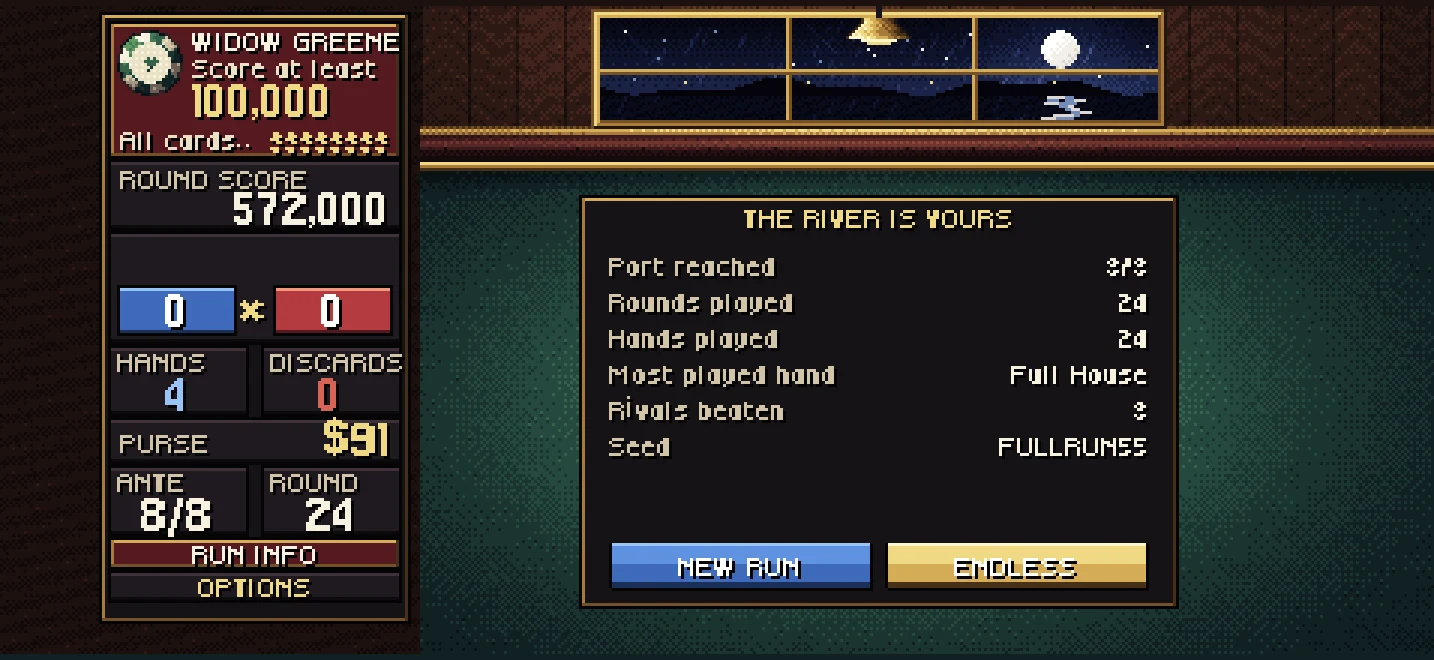 The run-won screen with the final score and statistics